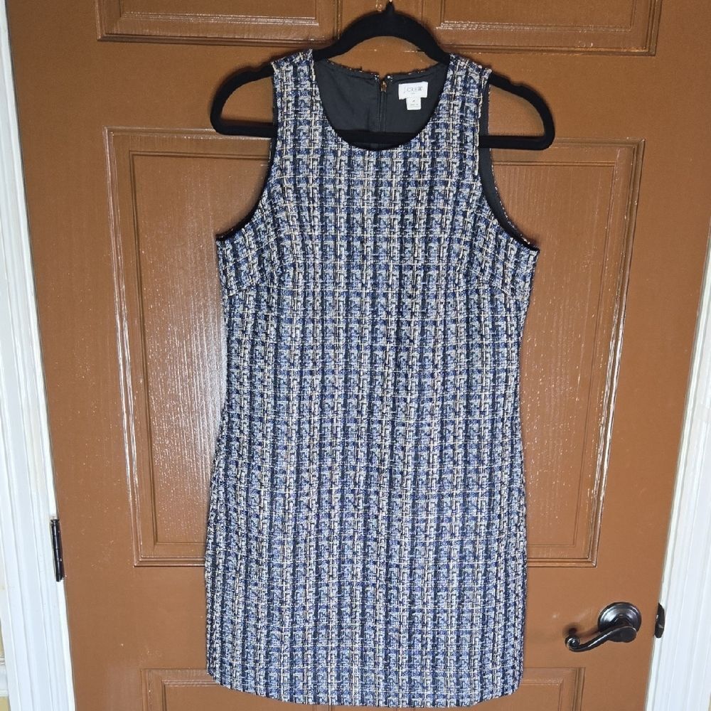J. Crew- Blue & tan tweed textured sleeveless dress, side pockets Sz 4.